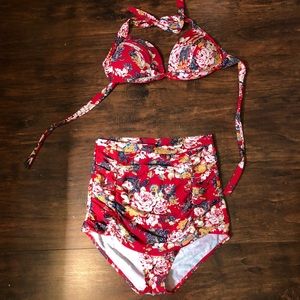 NWT Red Floral Two Piece High Waisted Swimsuit